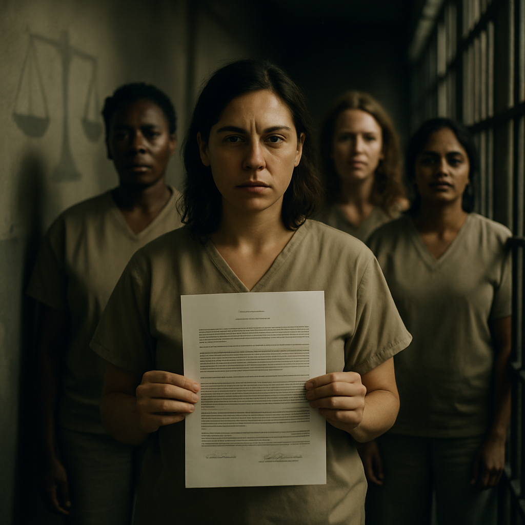 A group of diverse women inmates in a prison corridor, one holding a legal